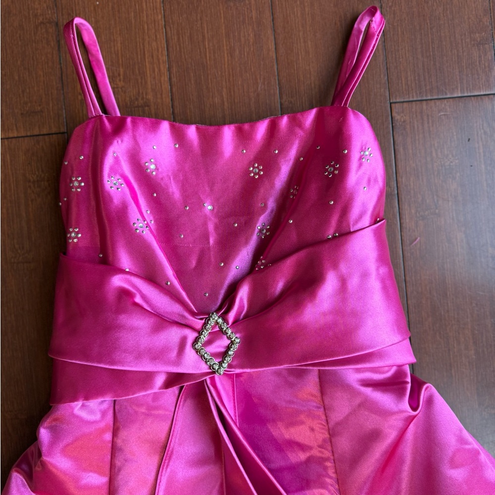 Kids Elegant Pink Satin Dress with Rhinestone Detail